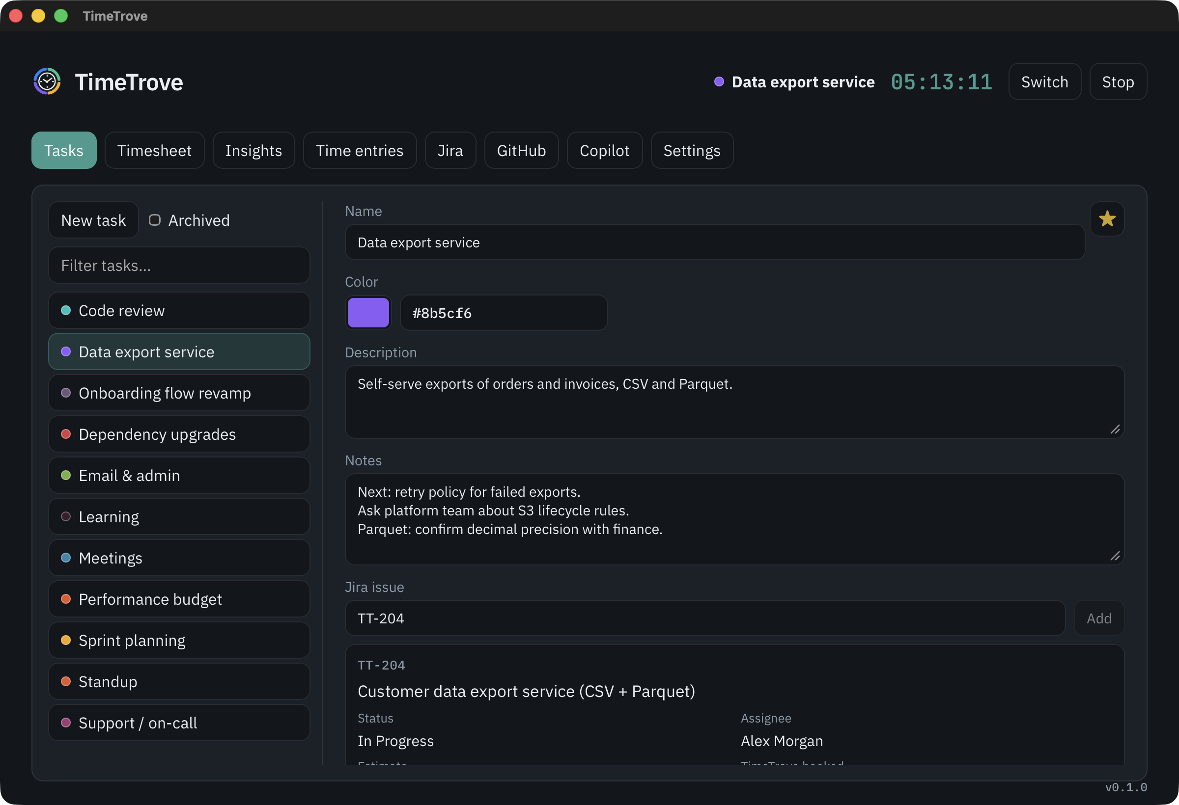 TimeTrove main window showing the task list and a task linked to Jira